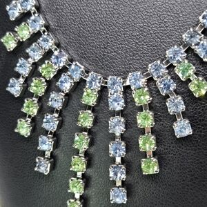 Elegant Blue Green Rhinestone Silver Necklace Adjustable Size Beautiful Piece
